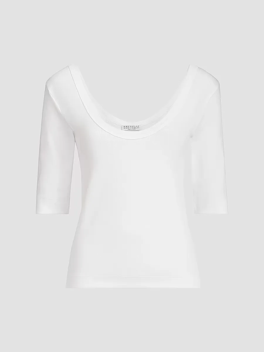 Stretch Cotton Ribbed Jersey T-Shirt with Monili by Brunello Cucinelli