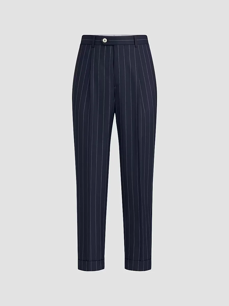Super 150s Virgin Wool Wide Chalk Stripe Batavia Trousers with Pleats by Brunello Cucinelli