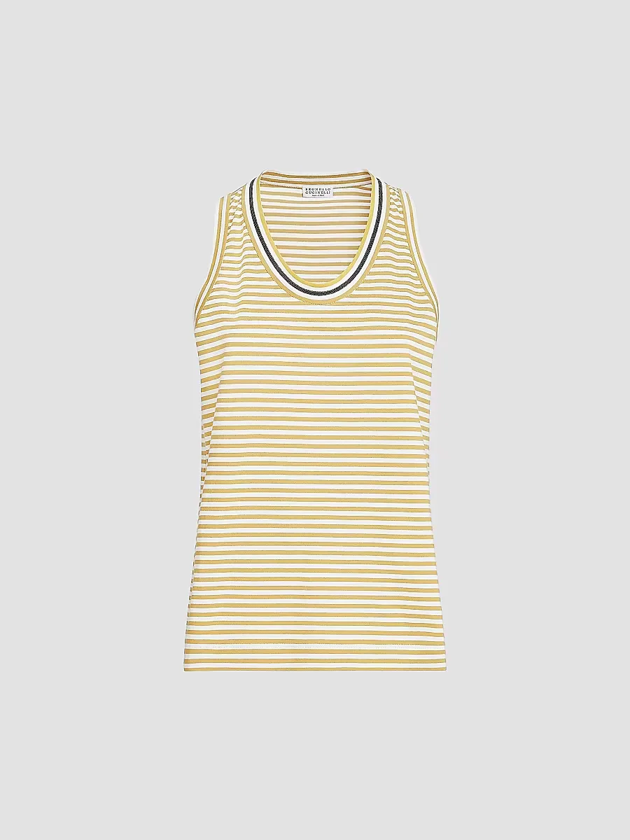 Striped Cotton Jersey Top with Precious Neckline by Brunello Cucinelli
