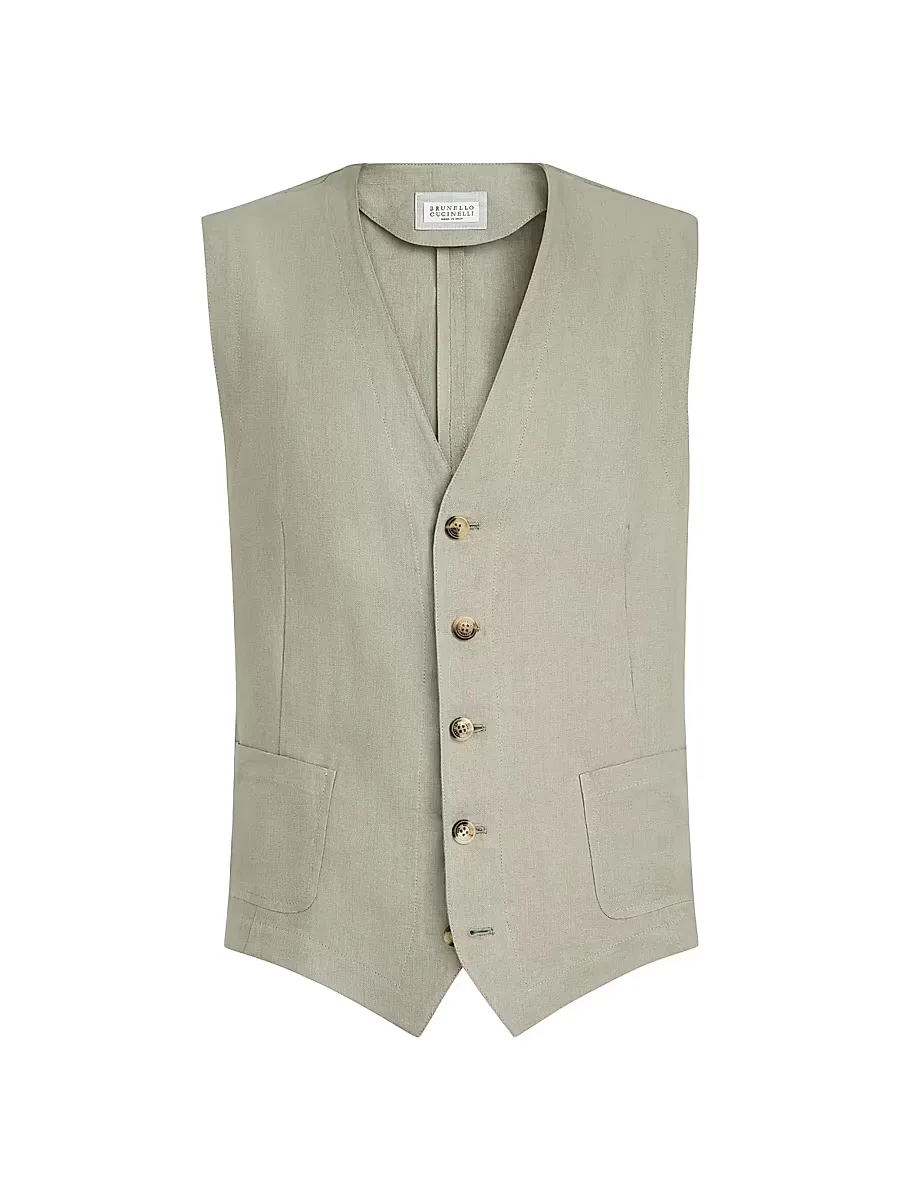 Linen Micro Chevron Waistcoat by Brunello Cucinelli