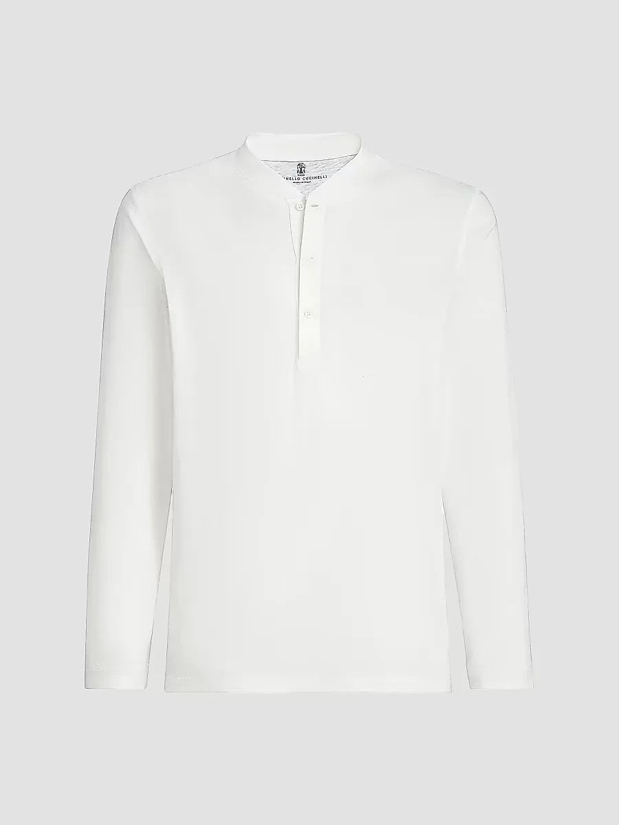 Linen and Cotton Jersey Long Sleeve T-Shirt with Henley Collar by Brunello Cucinelli