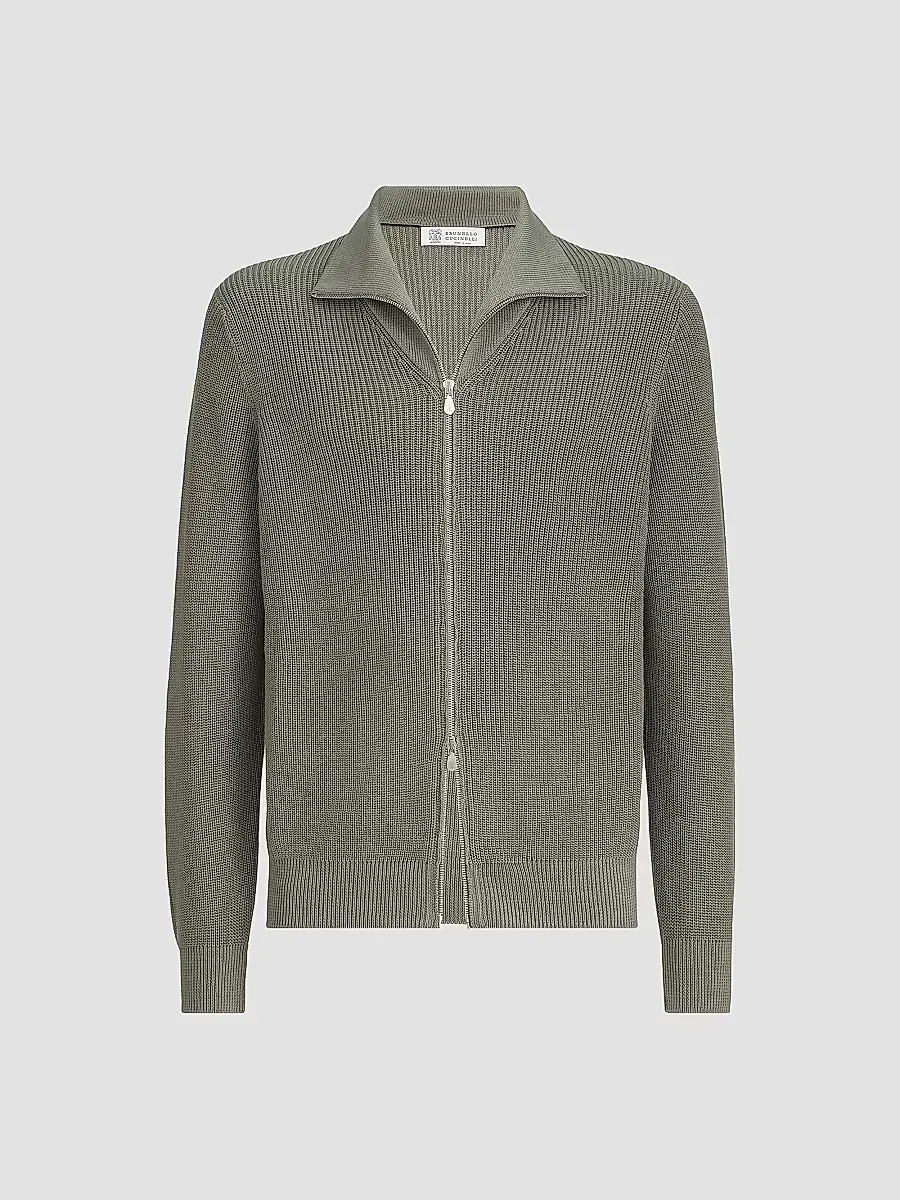 Cotton Half English Rib Cardigan with Zipper by Brunello Cucinelli