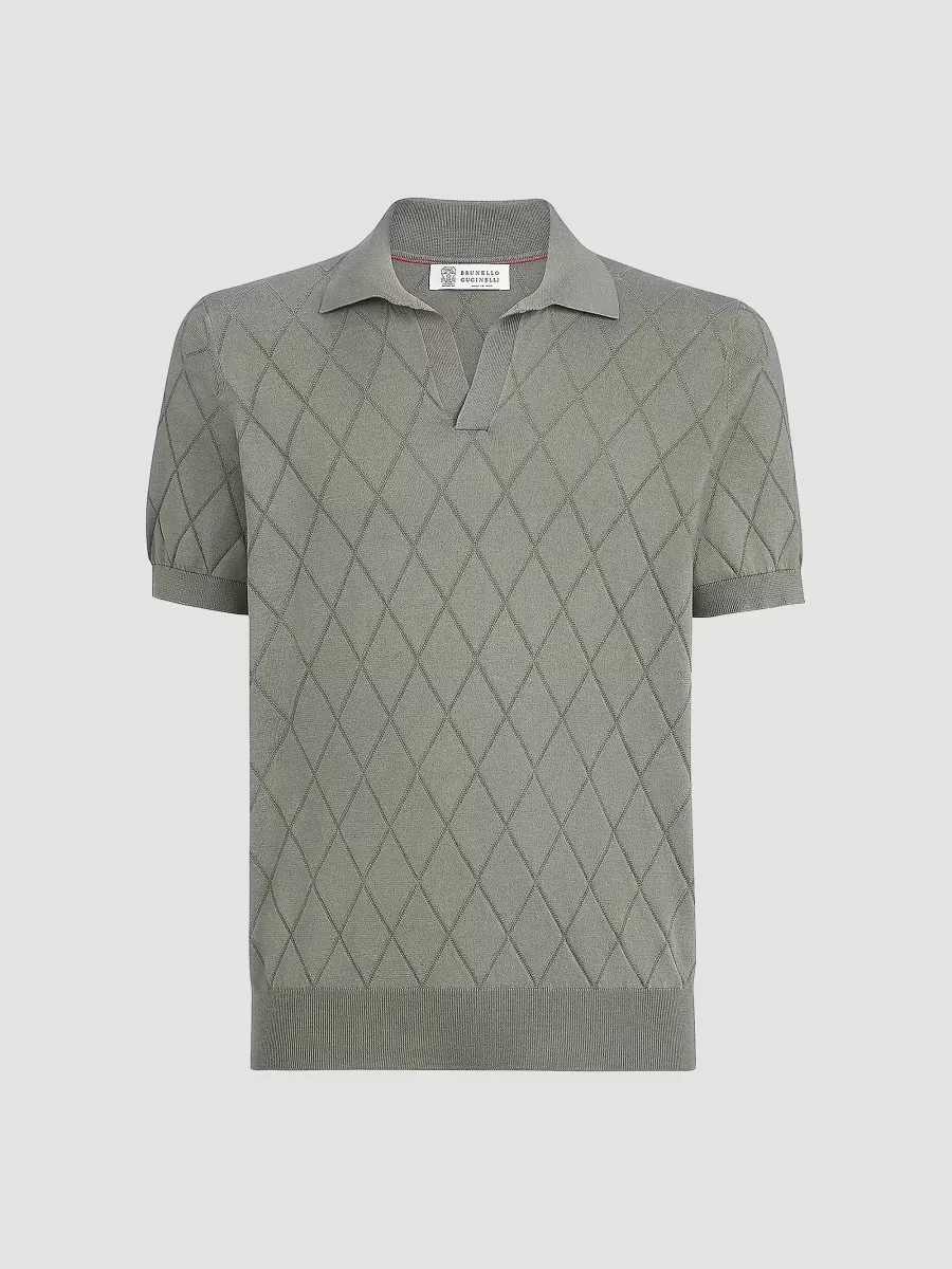 Cotton Textured Argyle Lightweight Knit Polo Shirt by Brunello Cucinelli