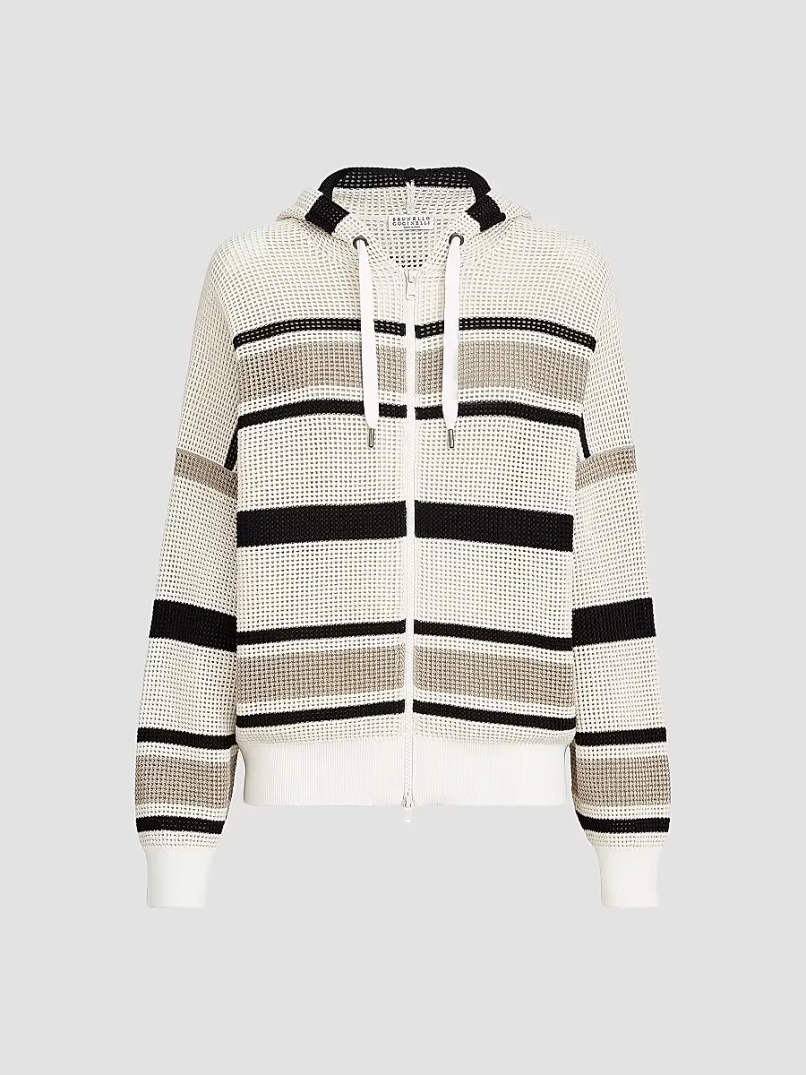 Striped Cotton Net Hooded Cardigan with Zipper by Brunello Cucinelli