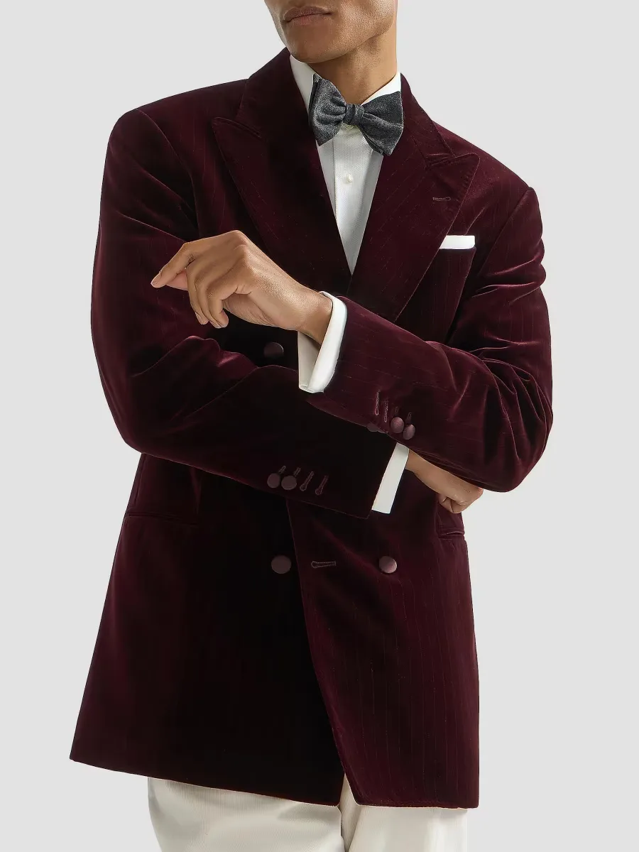 Cotton Chalk Stripe Velvet One-and-a-Half Breasted Tuxedo Jacket by Brunello Cucinelli