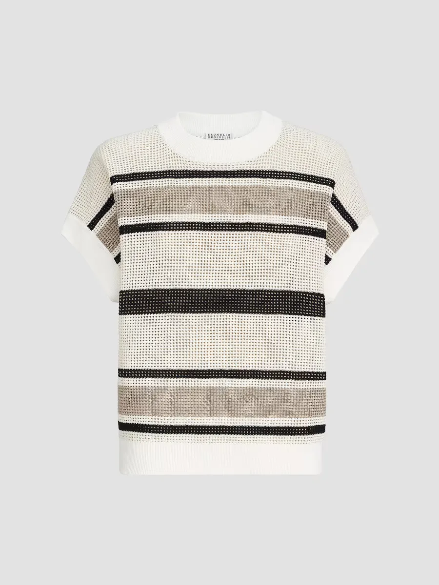 Striped Cotton Net Knit T-Shirt by Brunello Cucinelli