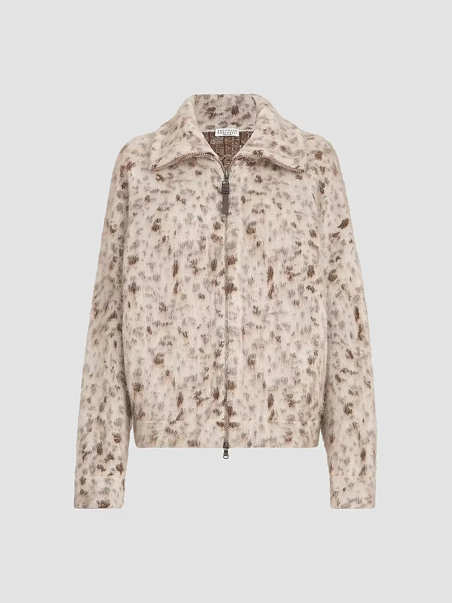 Lynx Jacquard Cardigan in Mohair and Wool with Shiny Zipper Pull by Brunello Cucinelli