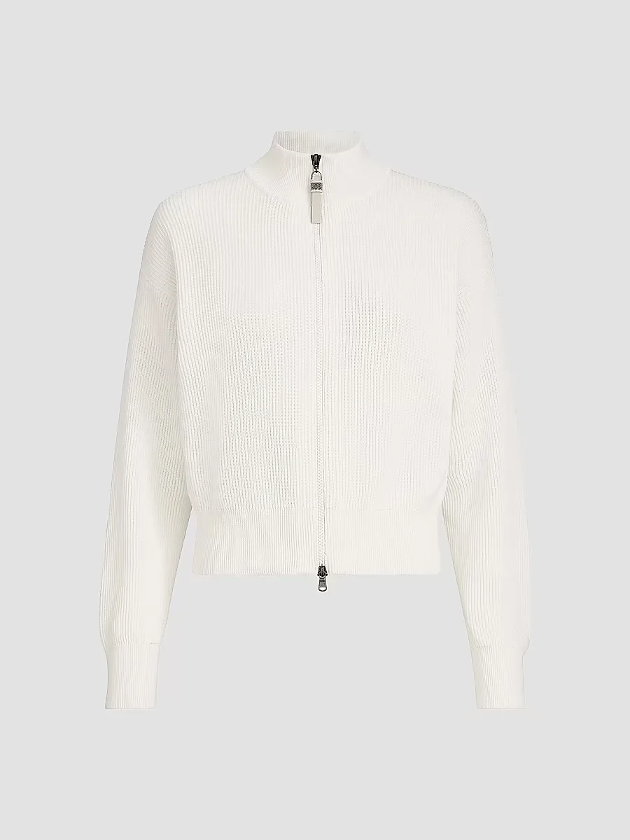 Cotton English Rib Cardigan with Shiny Zipper Pull by Brunello Cucinelli