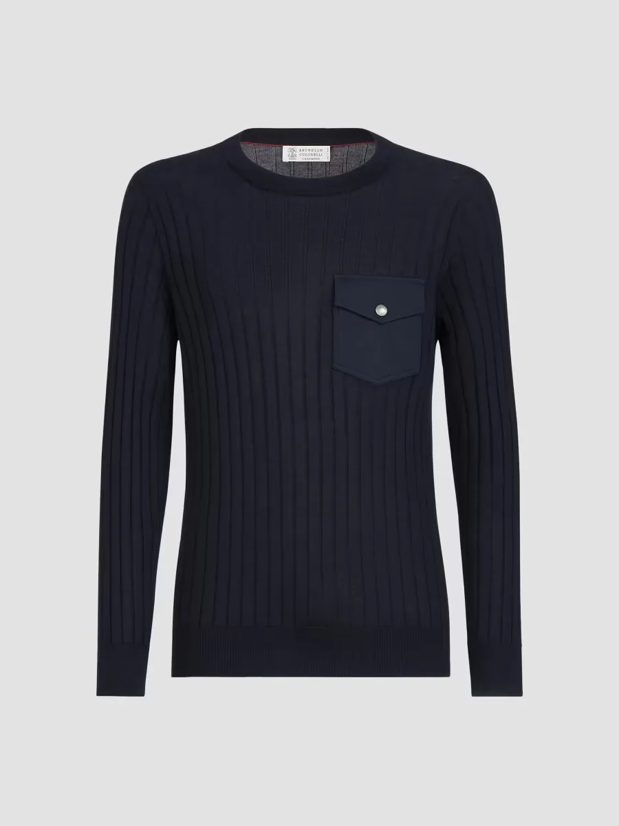 Cashmere and Silk Ribbed Sweater with Chest Pocket by Brunello Cucinelli