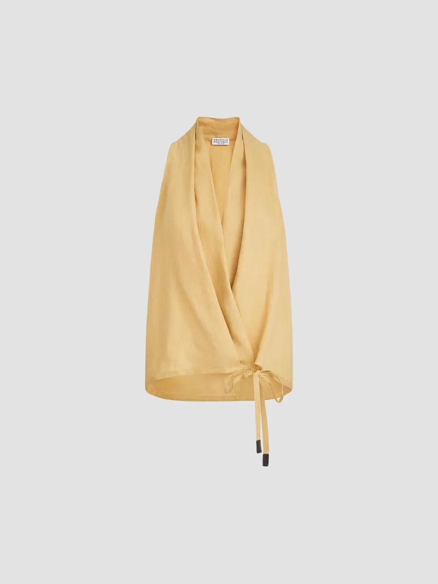 Linen Wrap Effect Vest with Monili by Brunello Cucinelli
