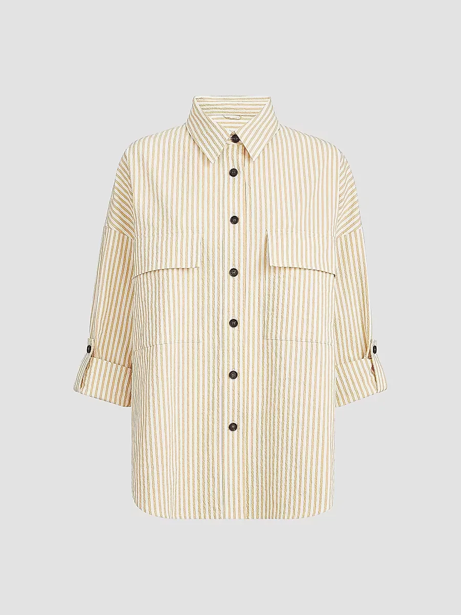 Techno Cotton Striped Seersucker Shirt with Monili by Brunello Cucinelli