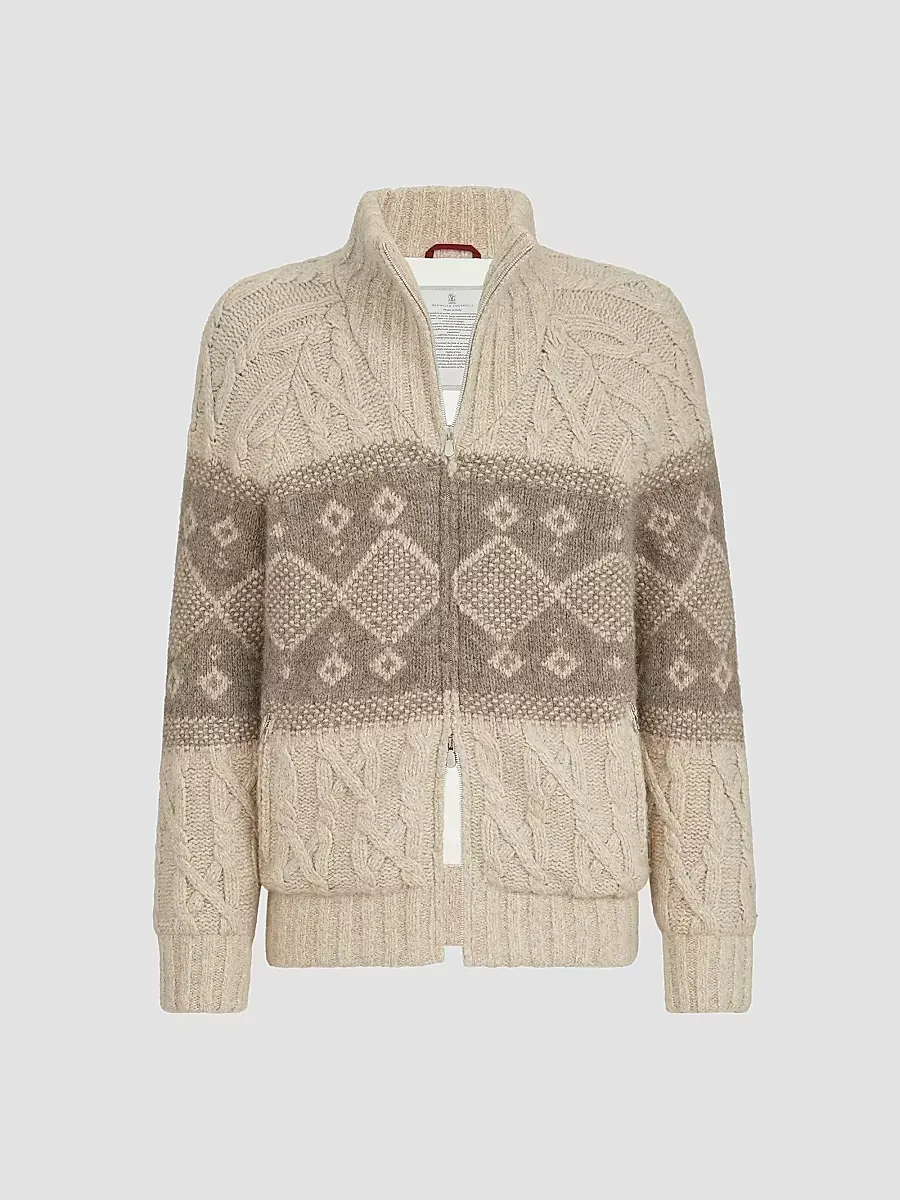 Virgin Wool, Silk and Cashmere Chin Cable Knit Down Jacket by Brunello Cucinelli