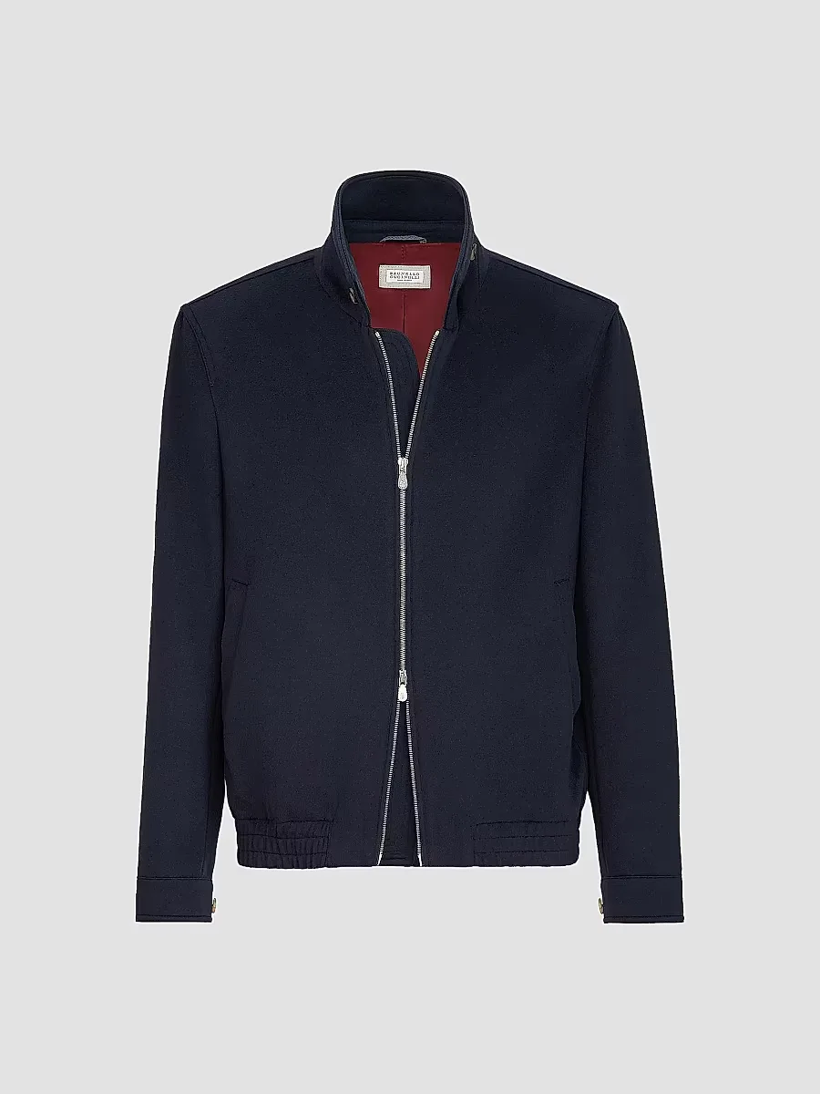 Virgin Wool Beaver Cloth Bomber Jacket with Zipper by Brunello Cucinelli