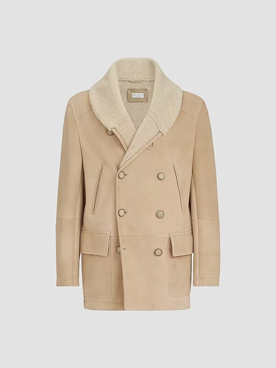 Suede Curly Shearling Peacoat with Shawl Collar by Brunello Cucinelli