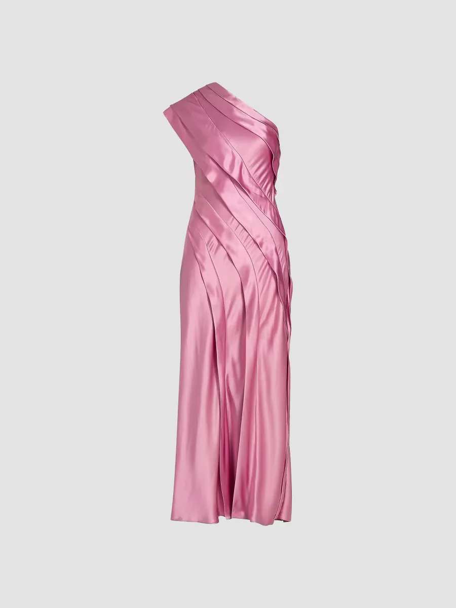 Blenfleet Pleated One-Shoulder Satin Maxi Dress