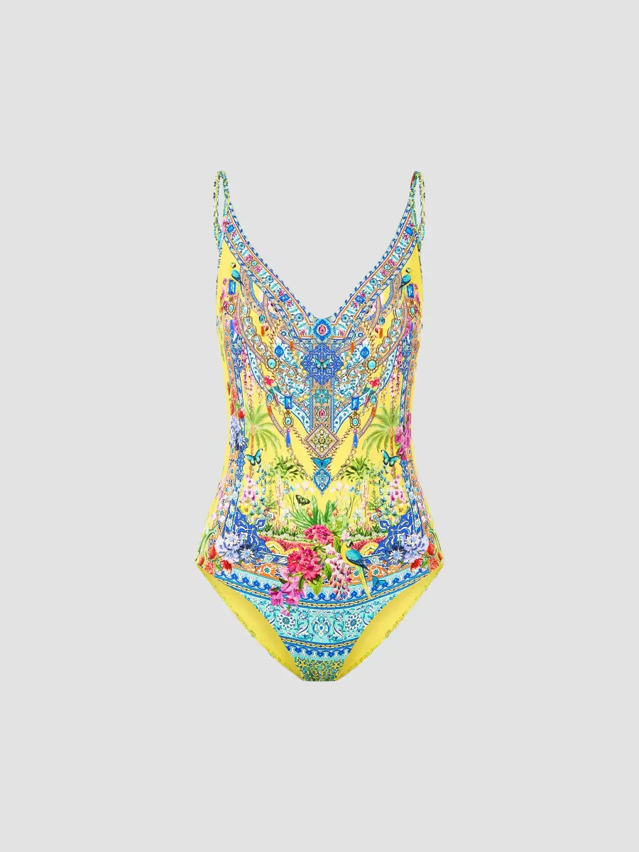 Printed V-Neck Underwire One-Piece Swimsuit by Camilla