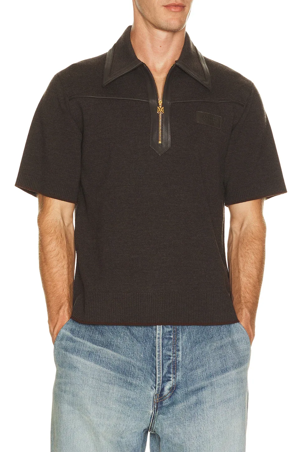 Leather Trim Knit Zipped Polo by AMIRI