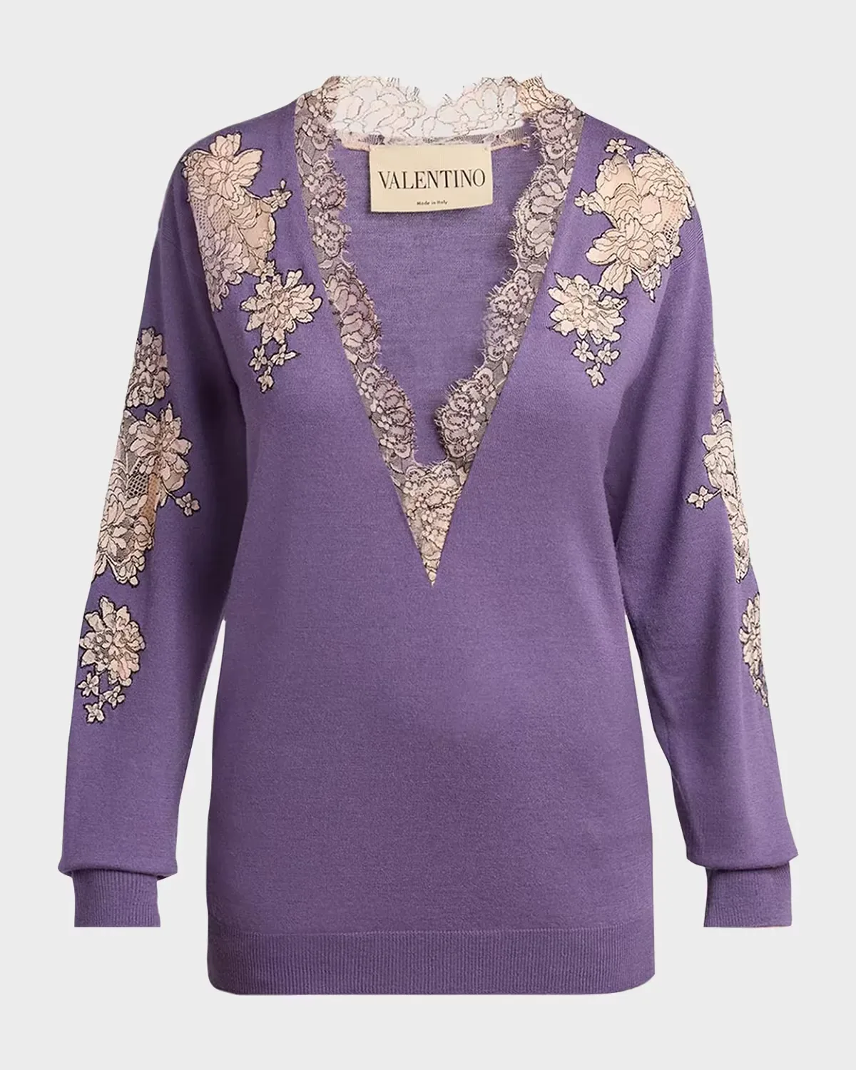 Lace-Inset Plunging Wool Sweater by Valentino Garavani