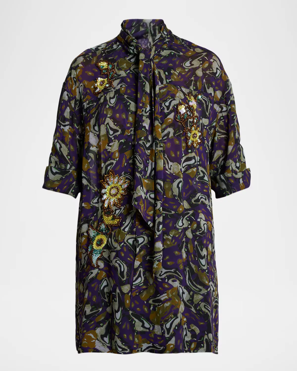 Floral Embellished Neck-Scarf Tunic Blouse by Dries Van Noten