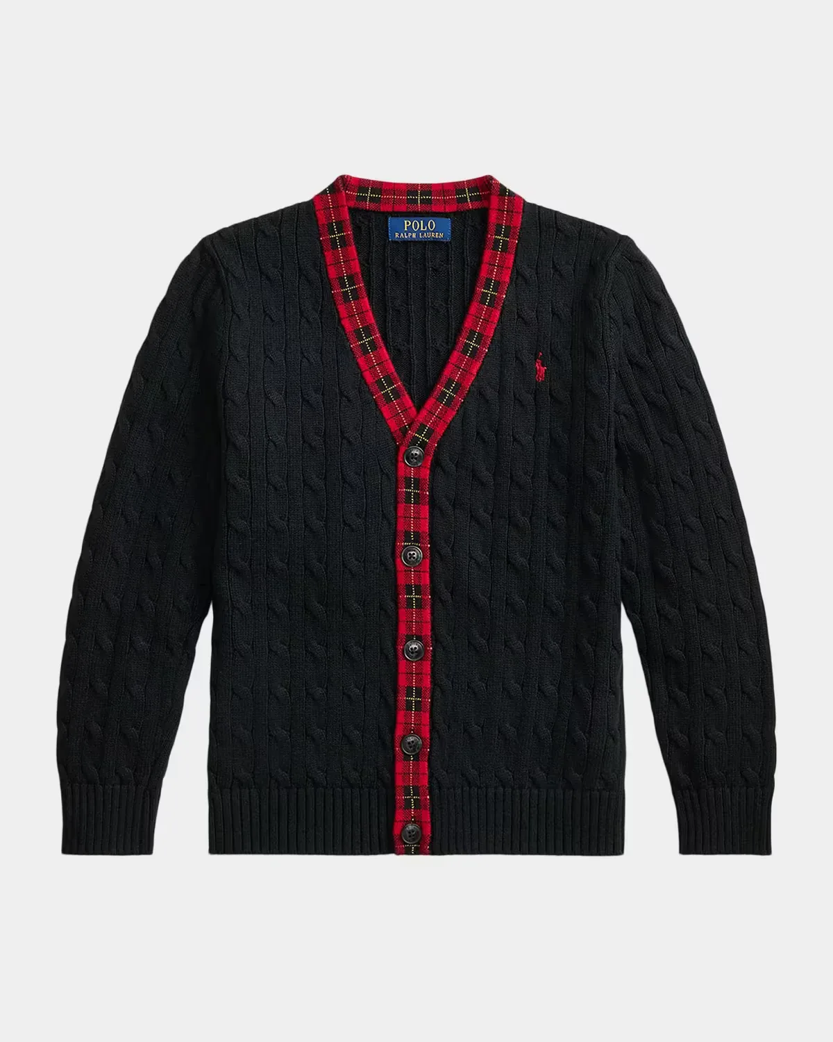 Plaid-Trim Cable Cotton Cardigan by Ralph Lauren