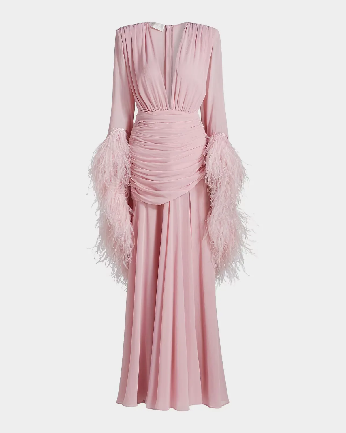 Geisha Plunging Feather-Trim Gown by Bronx Banco