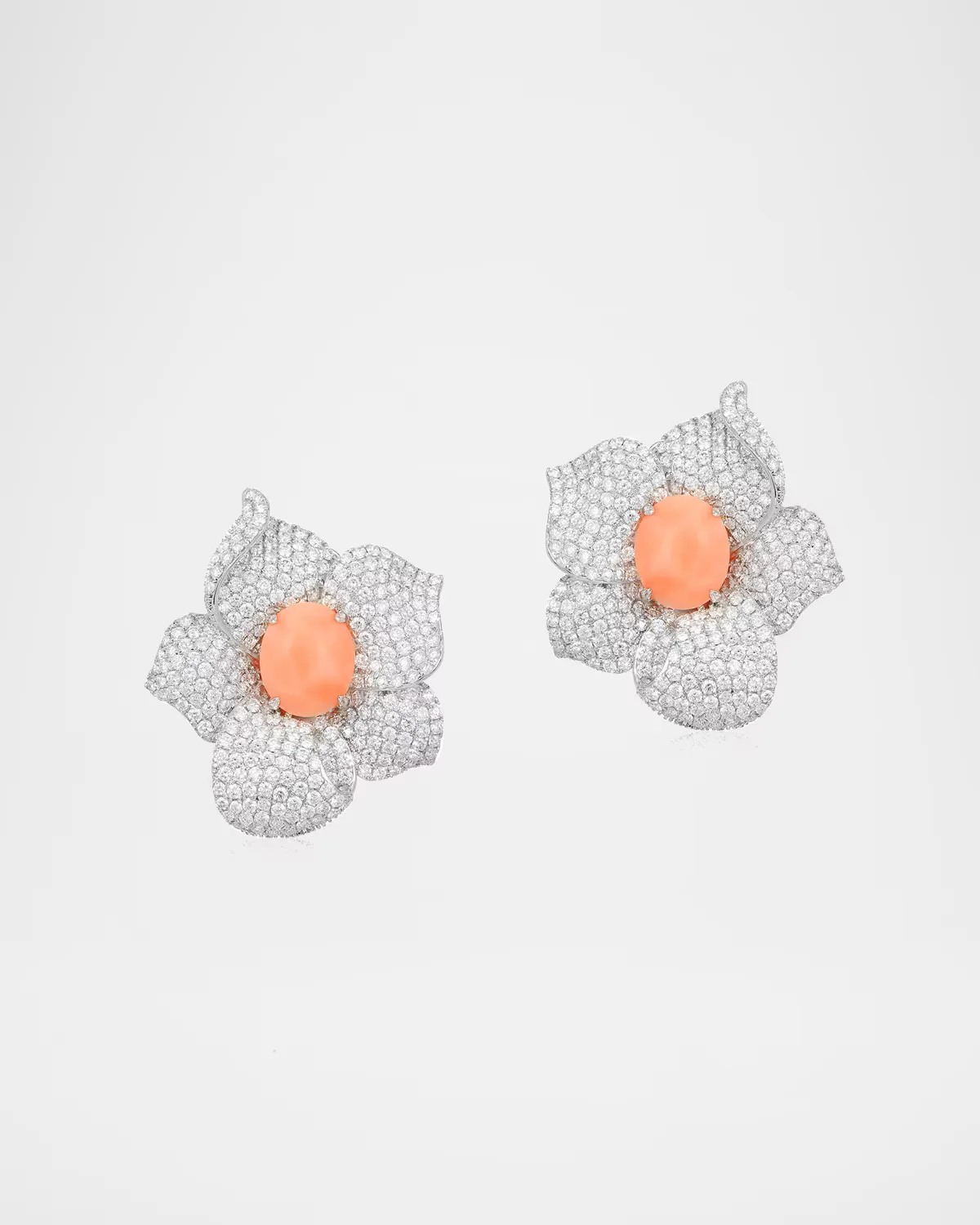 18k White Gold, Diamond & Coral Flower Earrings by Andreoli