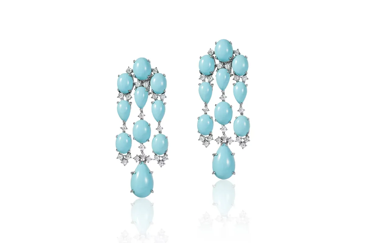 18K White Gold Turquoise and Diamond Dangle Earrings by Andreoli