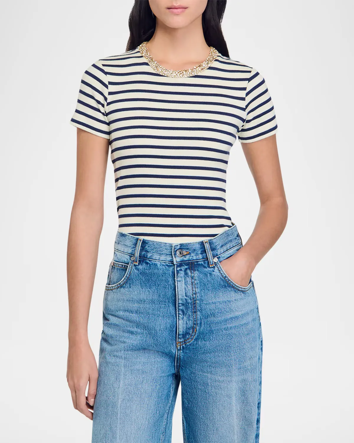 Rimini Stripe Crystal-Trim T-Shirt by Sandro