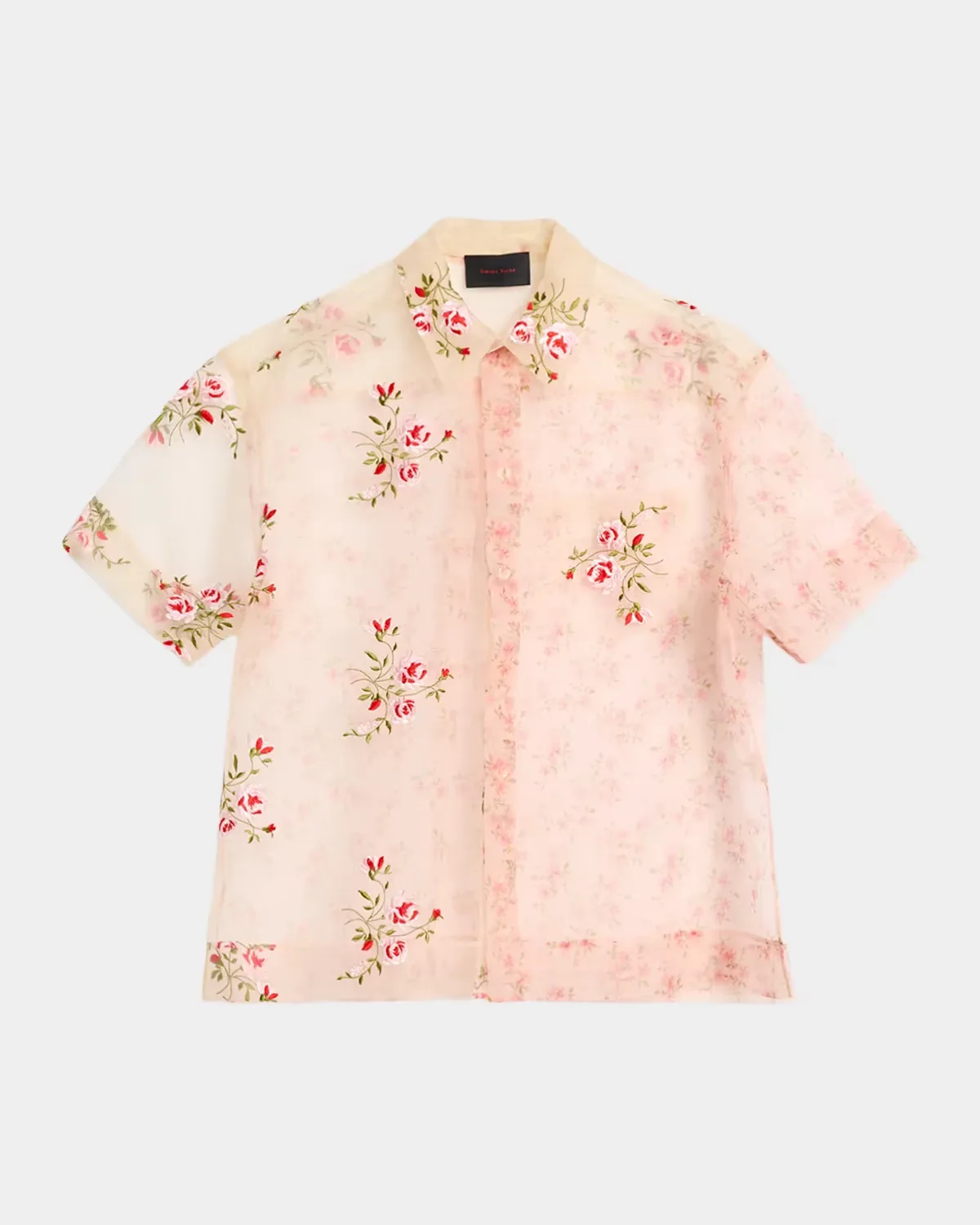 Sheer Floral Embroidered Short-Sleeve Shirt
