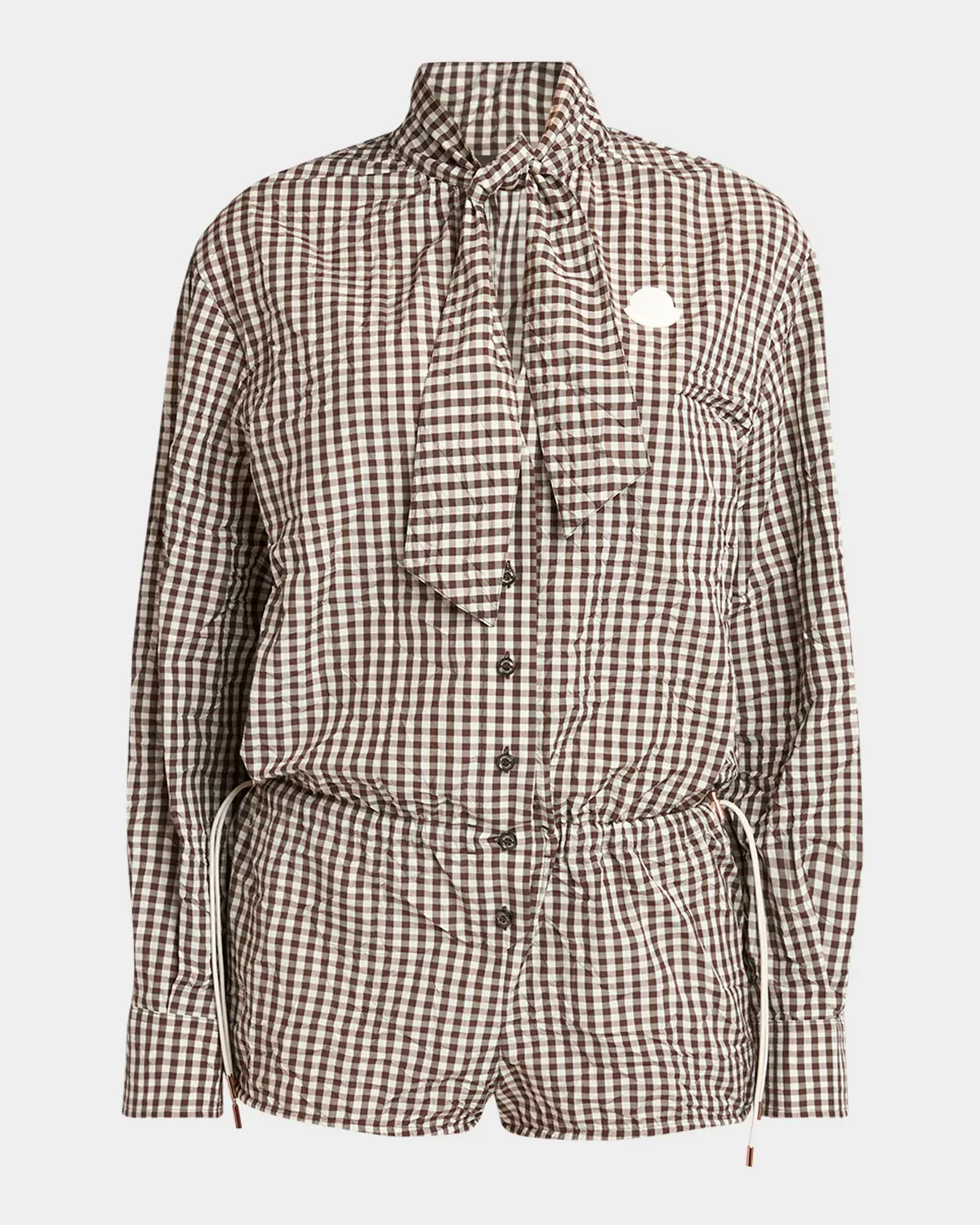 Vichy Long-Sleeve Romper with Bow by Moncler