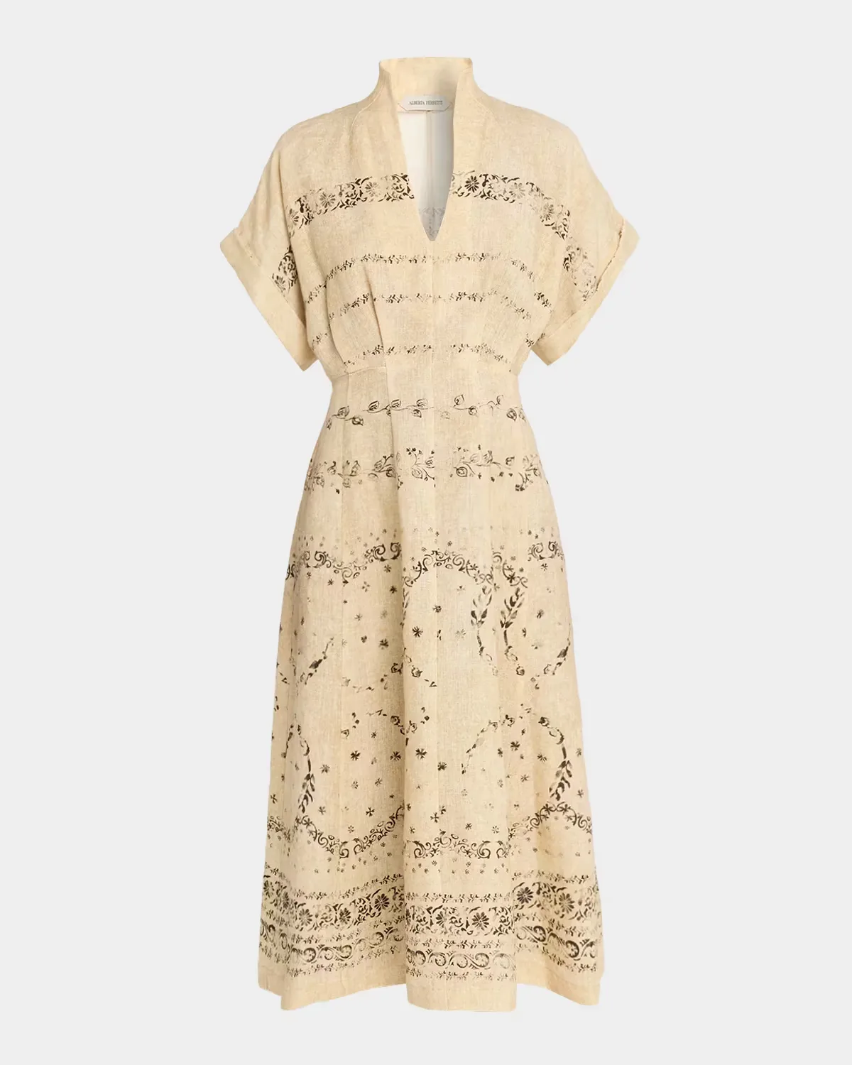 Short-Sleeve Printed Linen A-Line Midi Dress by Alberta Ferretti