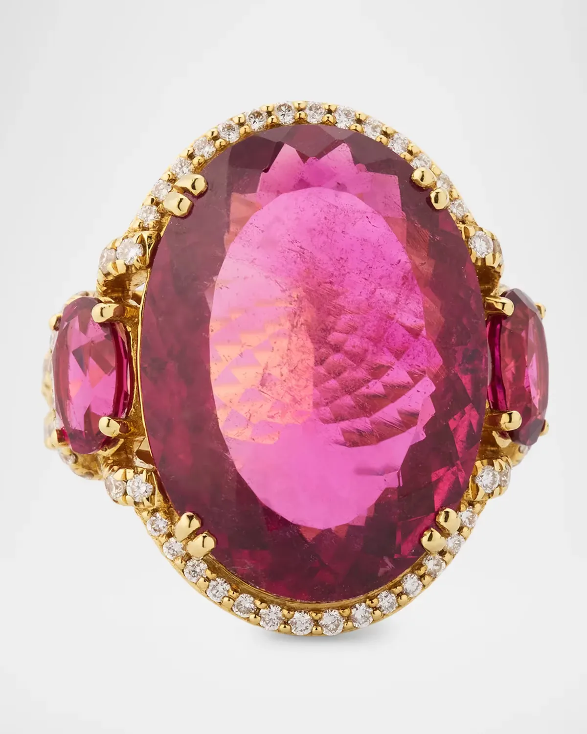 18K Yellow Gold G-One 3 Stone Oval Rubellite Ring with Diamonds by Goshwara