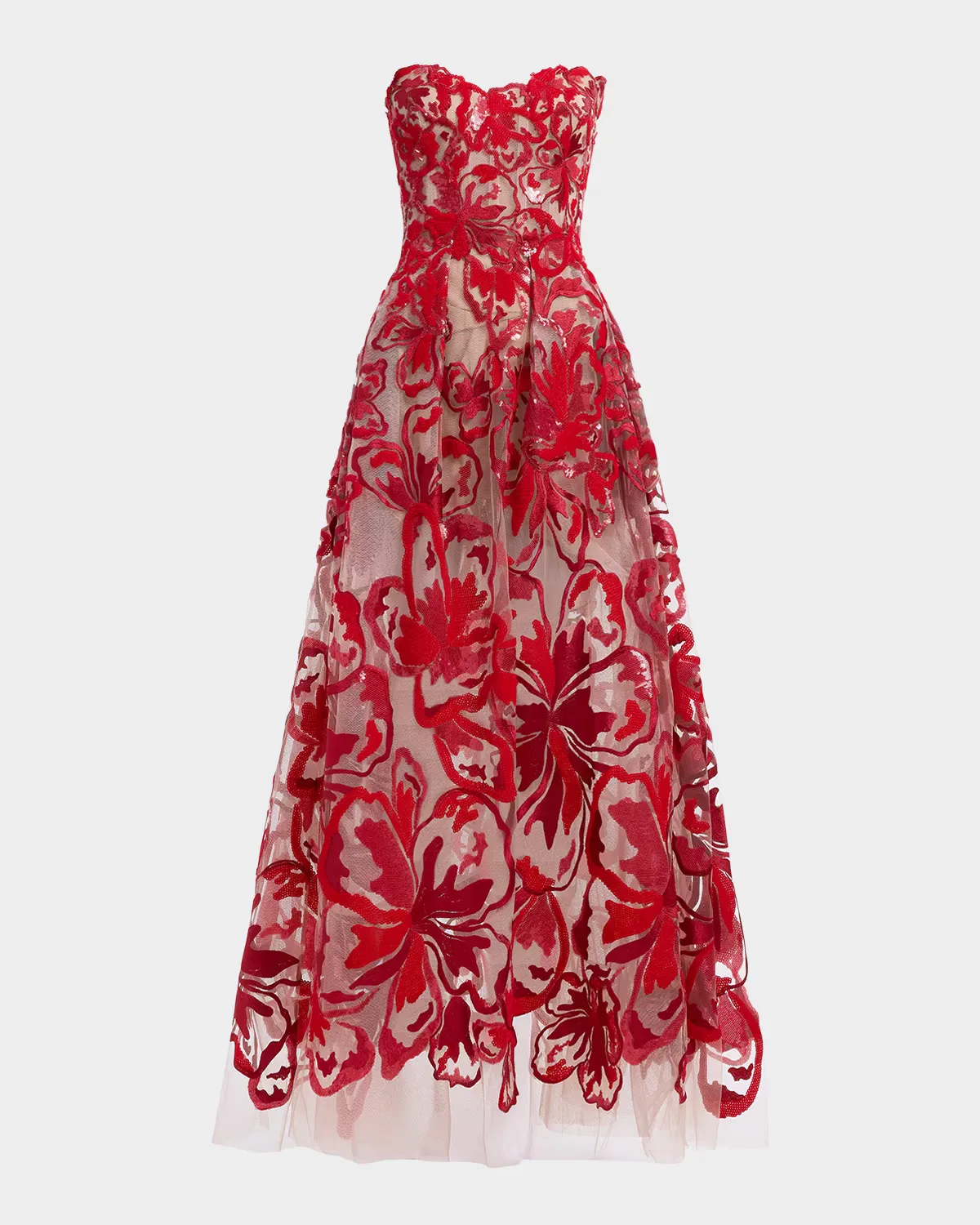 Strapless Sequined Velvet Floral Tulle Gown
