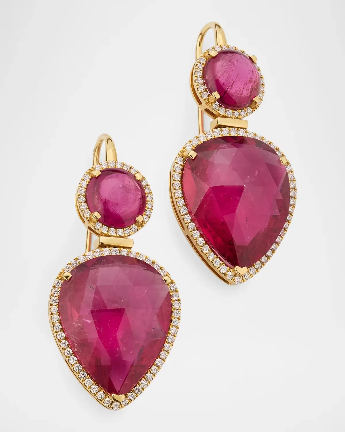 G-One 18K Yellow Gold Rubellite and Diamond Briolette Earrings by Goshwara