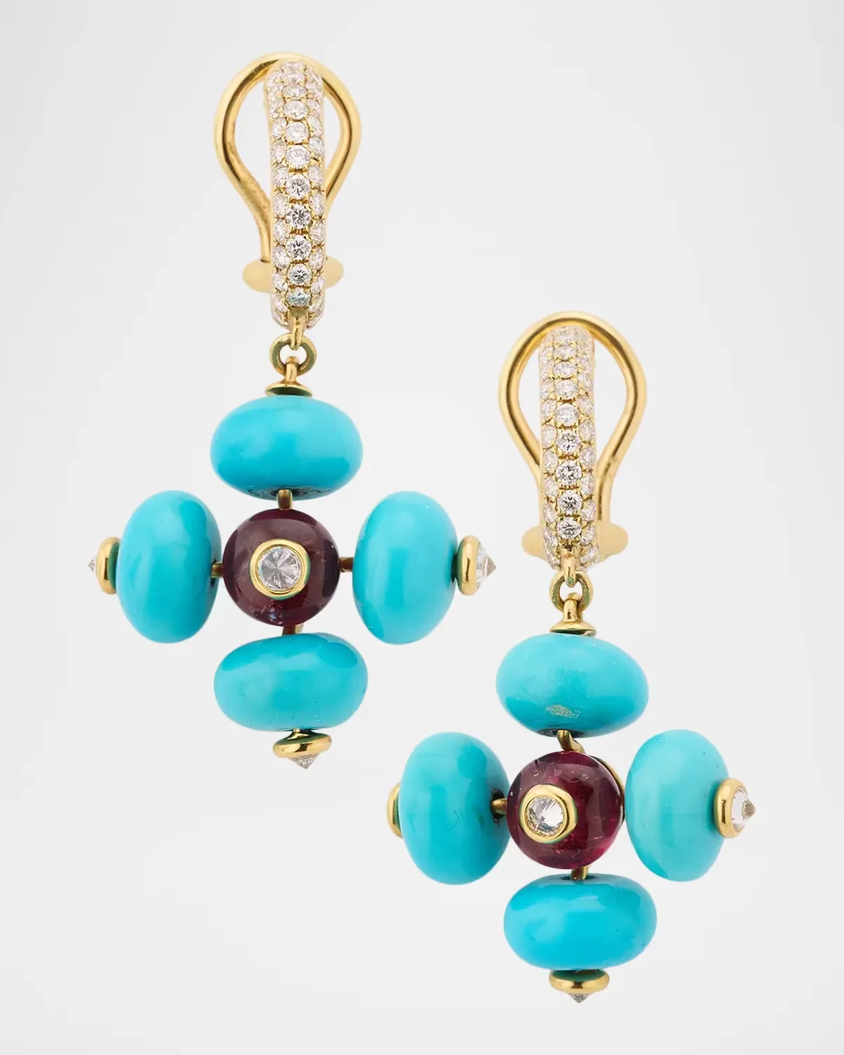 G-One 18K Yellow Gold Turquoise and Rubellite Earrings with Diamond Hoops by Goshwara
