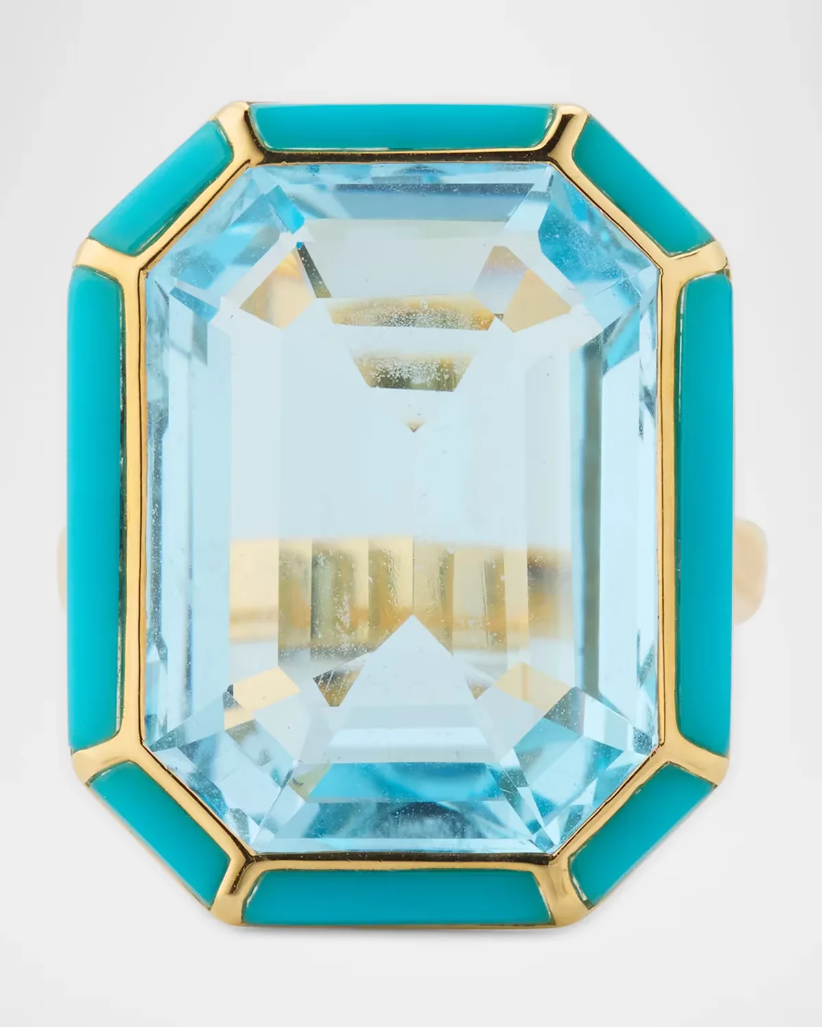 18K Yellow Gold Melange Blue Topaz Emerald-Cut Ring with Turquoise Inlays