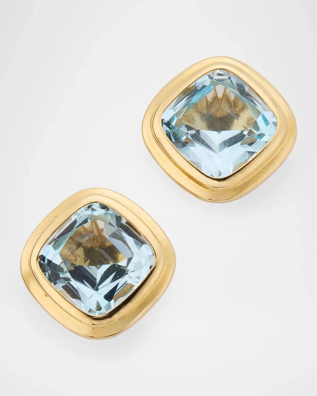 Manhattan 18K Yellow Gold Blue Topaz Cushion Bezel Stud Earrings by Goshwara