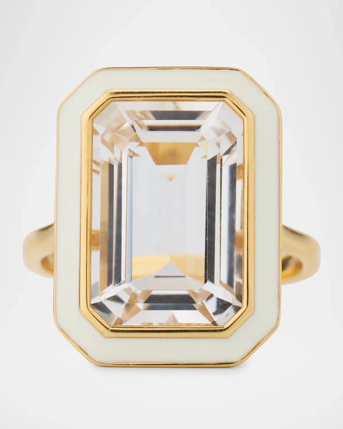 Queen 18K Yellow Gold Emerald-Cut Rock Crystal Ring with White Enamel