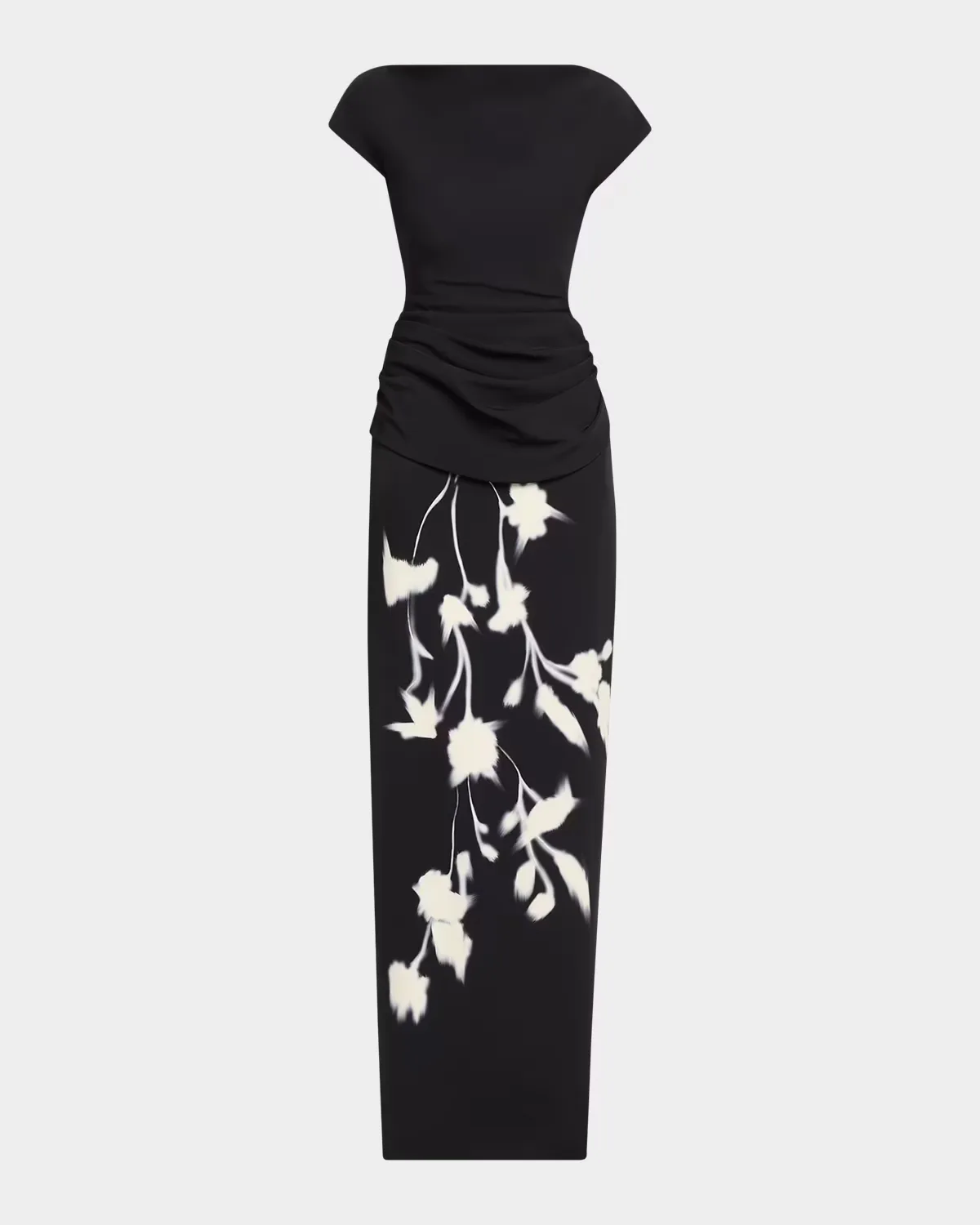 Floral Crepe Boat-Neck Draped Column Gown by Lela Rose