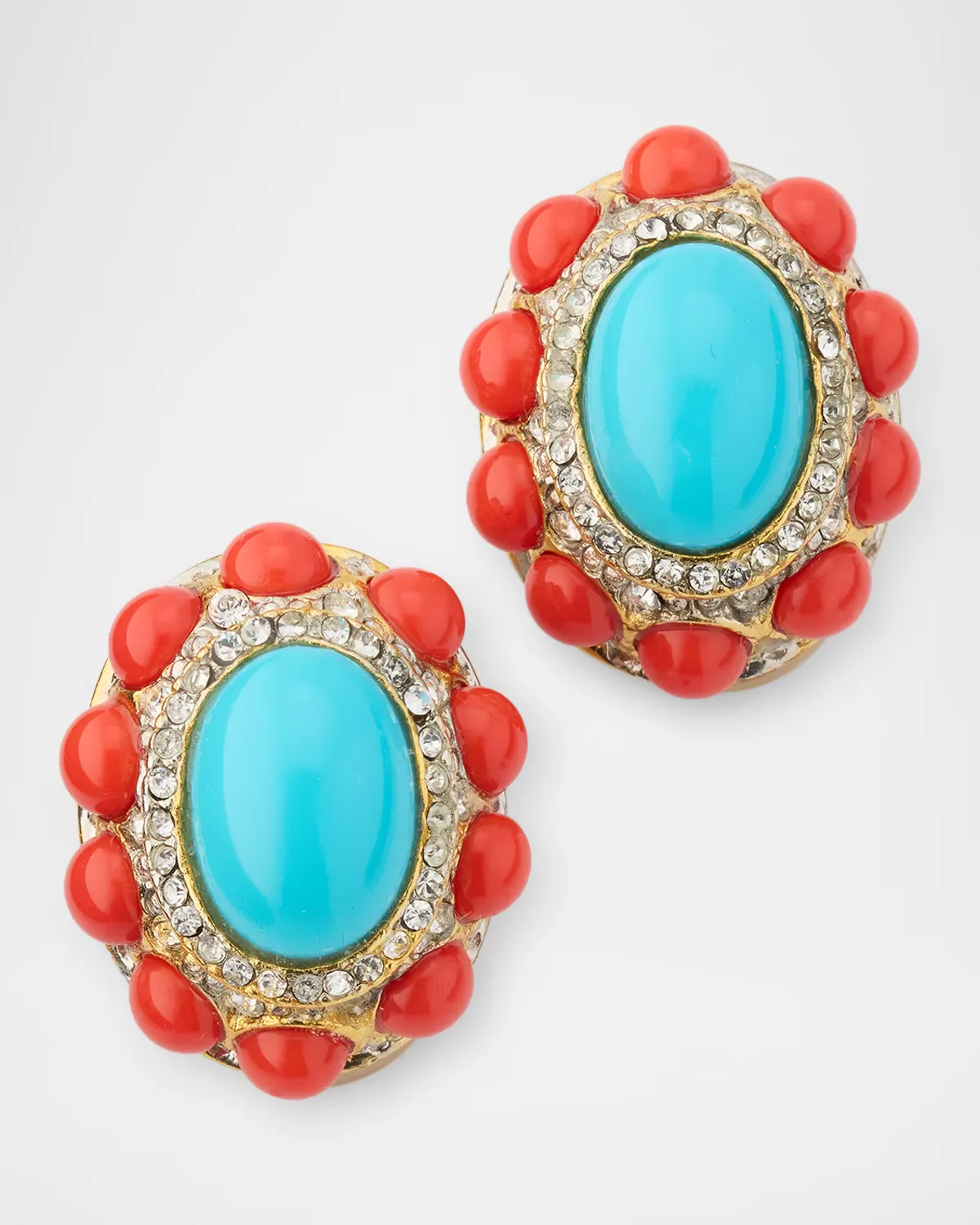 Coral and Turquoise Oval Clip Earrings by Kenneth Jay Lane