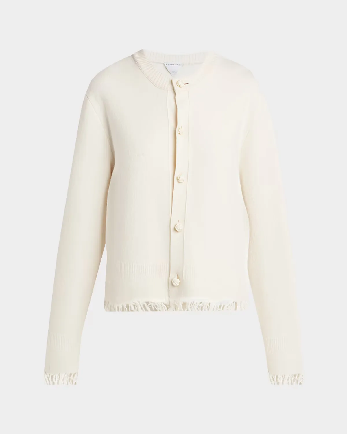 Intrecciato Button Fringed Wool Crewneck Cardigan by Bottega Veneta