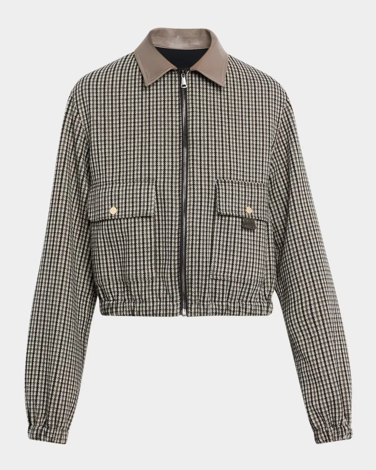 Leather-Collar Houndstooth Jersey Jacket by Fabiana Filippi