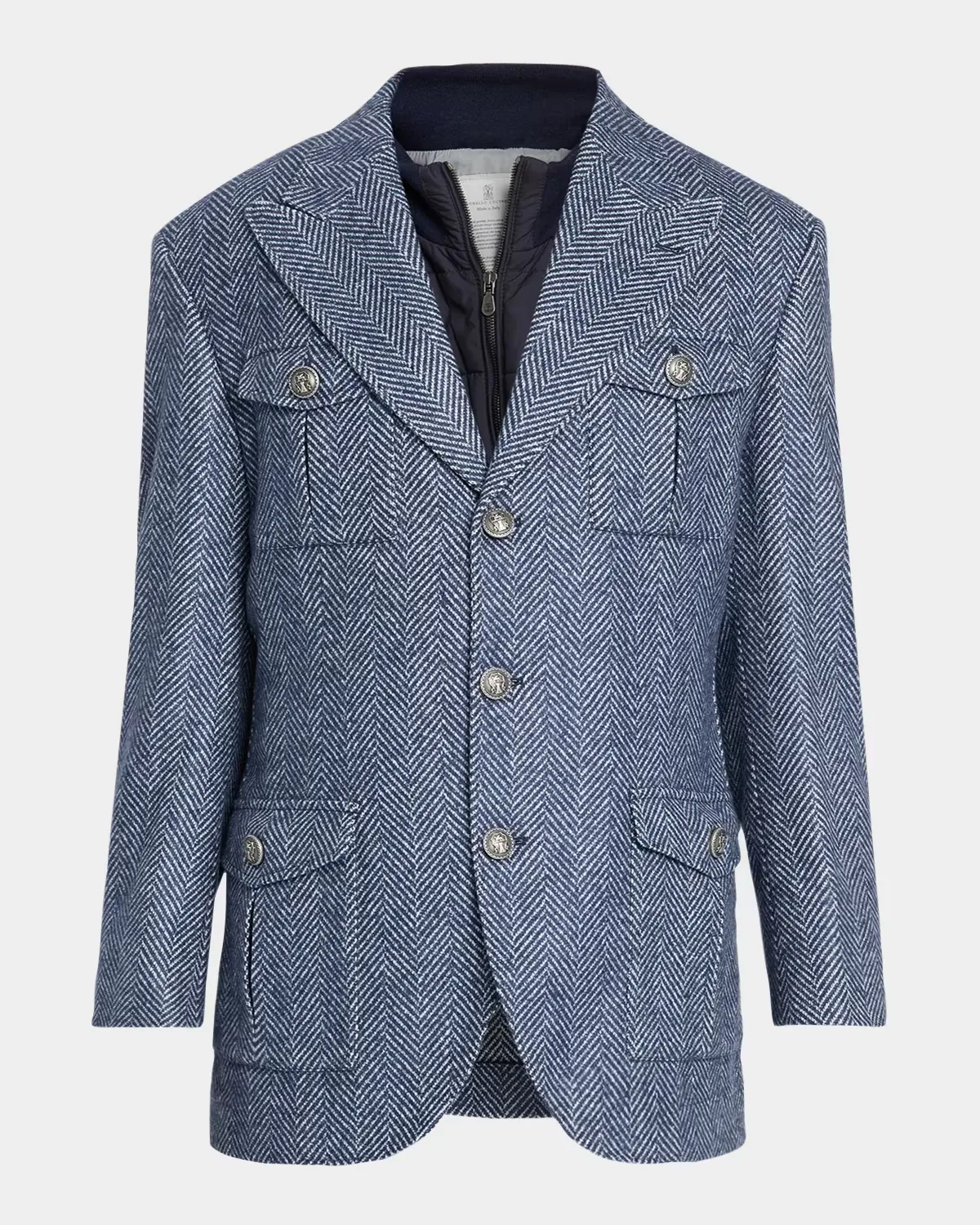 Wool and Silk Chevron Field Jacket with Zipped Bib by Brunello Cucinelli