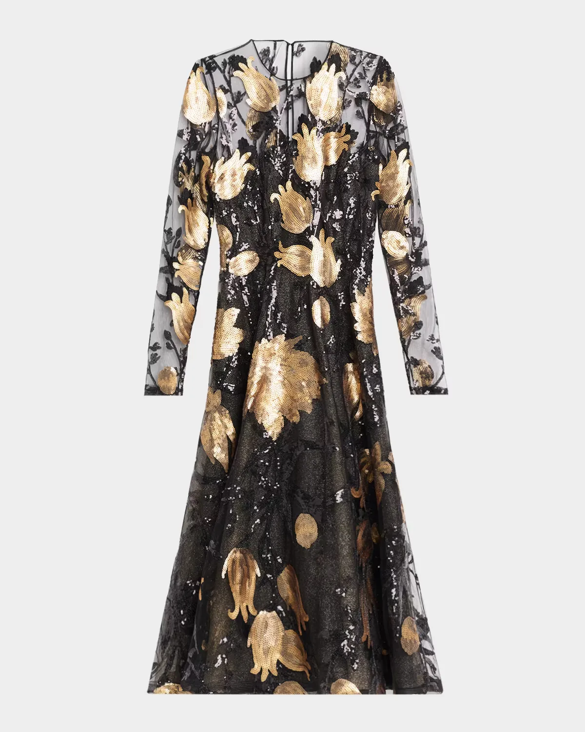 Long-Sleeve Sequined Illusion Midi Dress by Naeem Khan