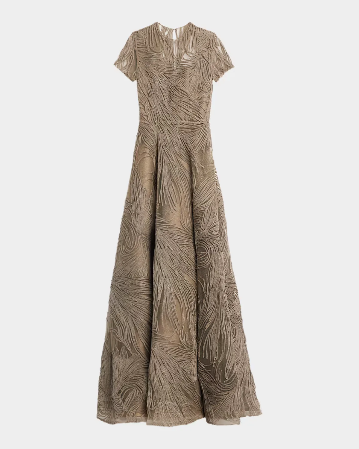 Short-Sleeve Illusion-Neck Raffia Gown by Naeem Khan