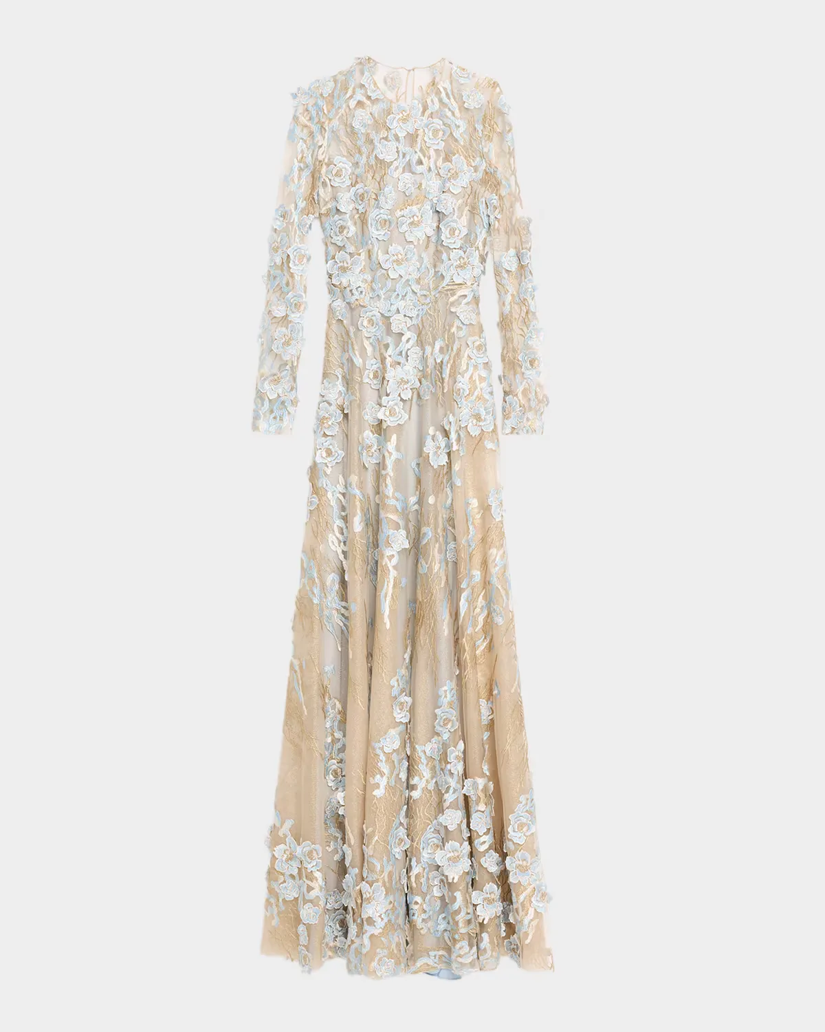 Metallic Flower Lace Long-Sleeve Gown by Naeem Khan