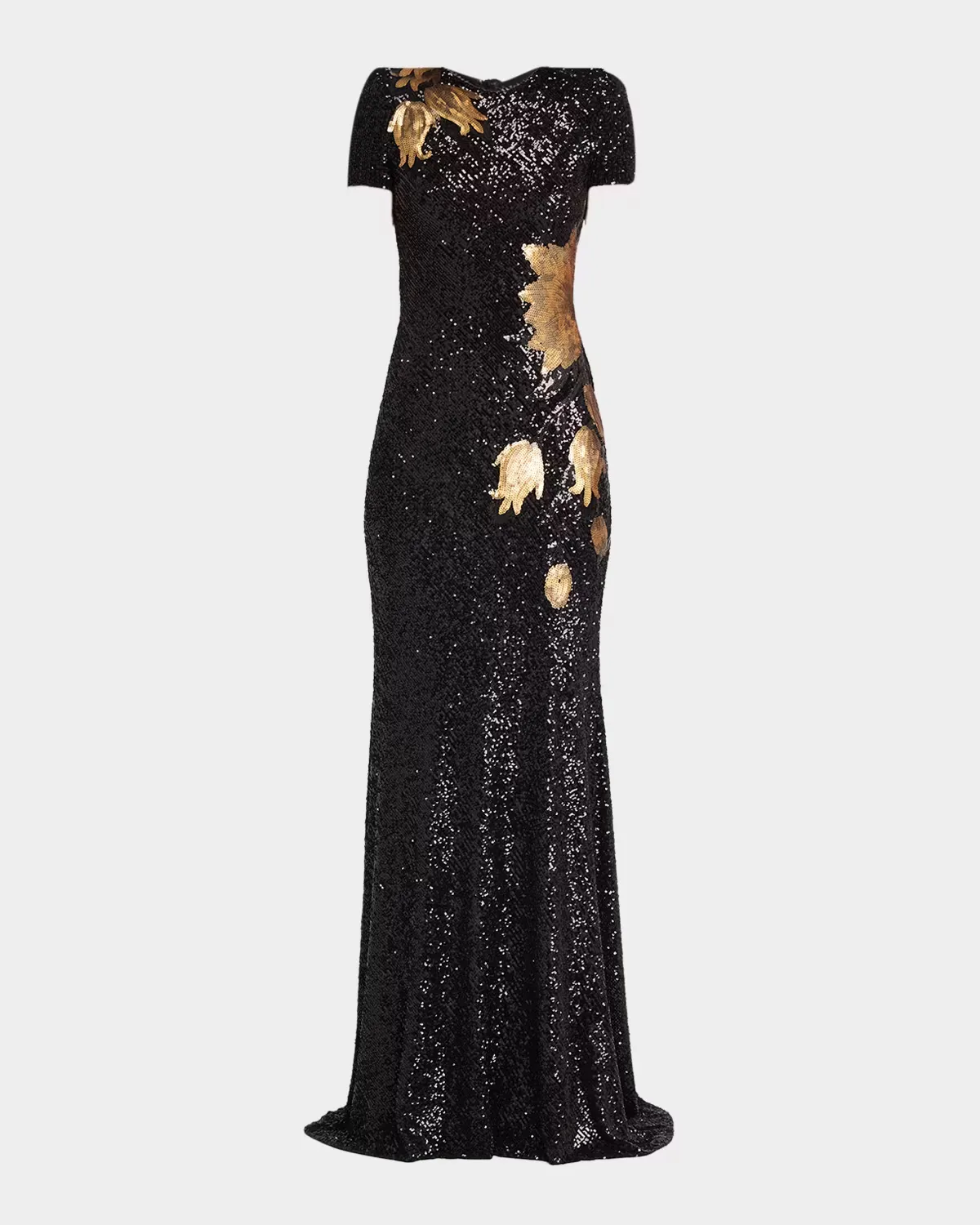 Short-Sleeve Sequined Flower Applique Gown by Naeem Khan