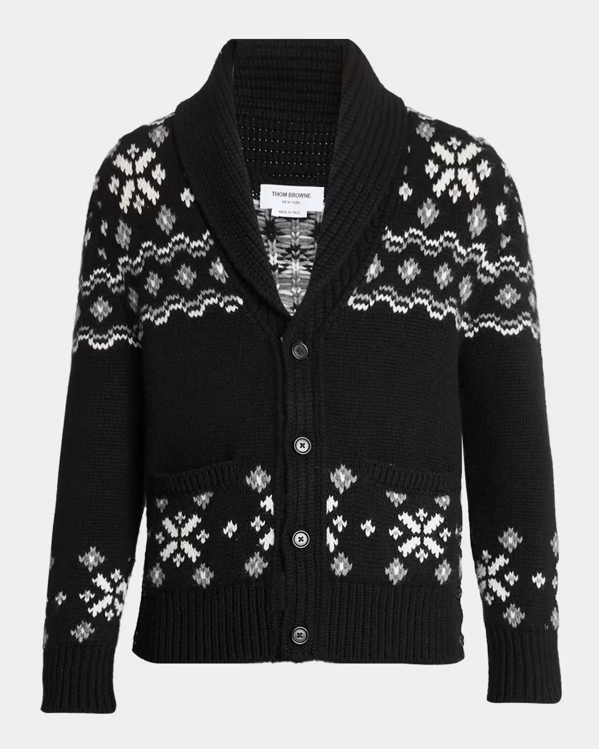 Cashmere Shawl Collar Fair Isle Cardigan by Thom Browne