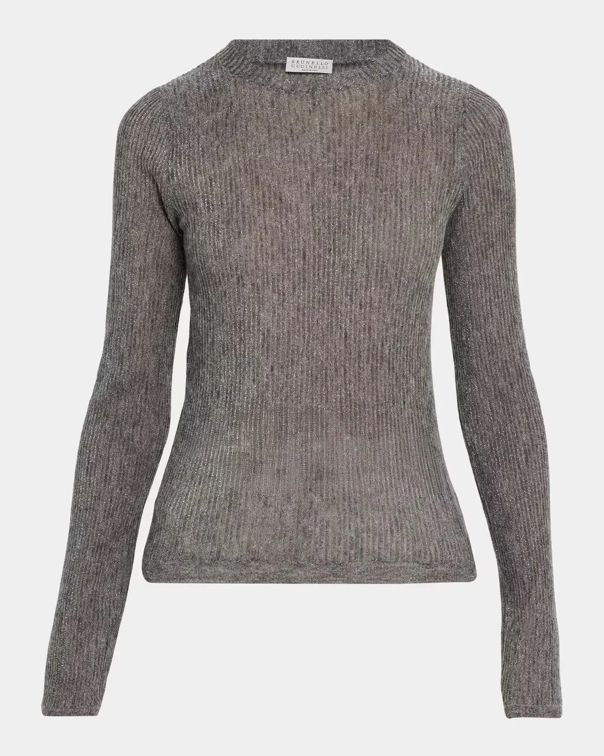 Metallic Alpaca-Blend Rib Crewneck Sweater by Brunello Cucinelli