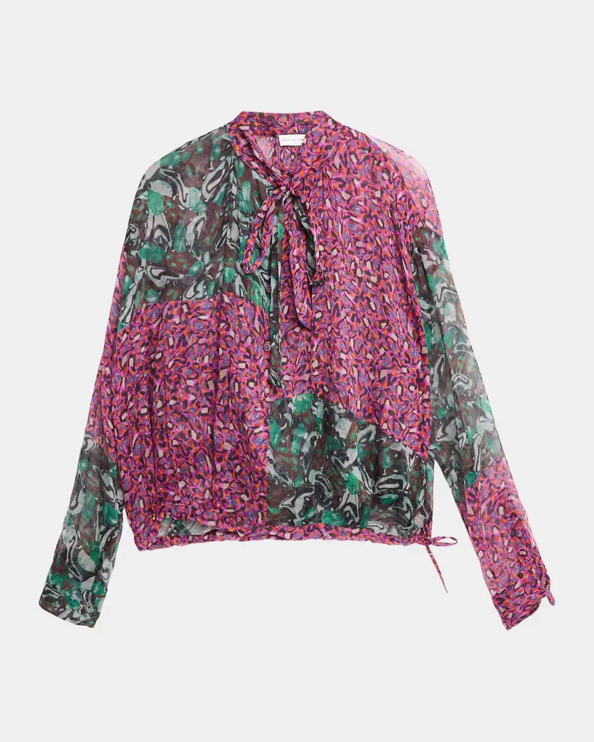 Patchwork-Print Silk Plisse Neck-Scarf Bubble Blouse by Dries Van Noten